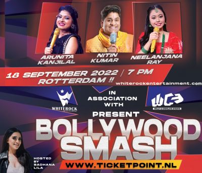 Bollywood-Smash-18-sept2022
In Netherlands tour Neelanjana Ray and Nitin Kumar will be with Arunita which will called "Bollywood Smash"
Date: 18 September 2022
Time: Local time 7 PM, NL Local Time (IST: 10:30 PM/ NY, EDT: 1:00 PM)
Location: RTM Stage, Ahoyweg 10, 3084 BA Rotterdam, Netherlands
Keywords: Arunita Kanjilal;Bollywood Smash;Netherlands tour 2022