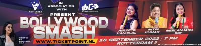 Bollywood-Smash banner
In Netherlands tour Neelanjana Ray and Nitin Kumar will be with Arunita which will called "Bollywood Smash"
Date: 18 September 2022
Time: Local time 7 PM, NL Local Time (IST: 10:30 PM/ NY, EDT: 1:00 PM)
Location: RTM Stage, Ahoyweg 10, 3084 BA Rotterdam, Netherlands
Keywords: Arunita Kanjilal;Bollywood Smash;Netherlands tour 2022