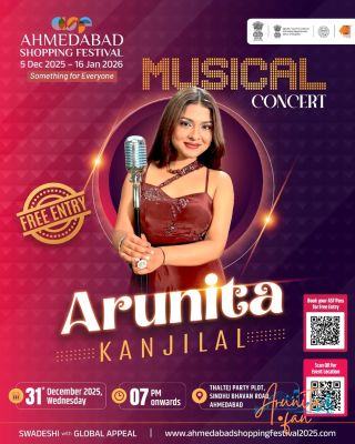 Arunita Kanjilal live at the Ahmedabad Shopping Festival
Date: 31st December 2025, 7pm onwards
Venue: Thaltej Party Plot, Sindhu Bhavan Road, Ahmedabad
Hosted by: Ahmedabad Municipal Corporation
Keywords: #ArunitaKanjilal #MelodyQueen #ArunitaFan #arunitaInAhmedabad