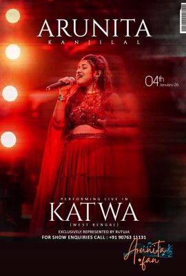 Arunita Kanjilal live at Katwa Sampriti Pouro Mela 2026-Poster
কাটোয়া সম্প্রীতি পৌর মেলা 2026
Date: 4th January 2026
Venue: Katwa Kashiram Das Institution Play Ground
কাটোয়া পৌরসভা পরিচালিত #পৌর_সম্প্রীতি_মেলা_২০২৬।
কাটোয়া পৌর সম্প্রীতি মেলা ২০২৬, পূর্ব বর্ধমান জেলা
স্থান : কাটোয়া কাশীরাম দাস বিদ্যায়তন প্রাঙ্গণ
Keywords: #ArunitaKanjilal #MelodyQueen #ArunitaFan #ArunitaInKatwa