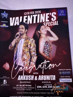Arunita Kanjilal Live at Blue Room  – Handout
A Valentine’s Special
Date: 13 February 2026
Address: 220 Headstone Ln, Harrow HA2 6LY, United Kingdom
