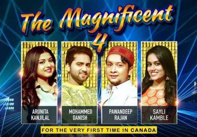 THE MAGNIFICENT FOUR LIVE IN CONCERT - Canada TOUR 2021 - Blank Poster
THE MAGNIFICENT FOUR LIVE IN CONCERT - Canada TOUR 2021
Credit: ROCK ON MUSIC
PAWANDEEP RAJAN, ARUNITA KANJILAL, MOHAMMED DANISH & SAYLI KAMBLE
Date: Not Decided
Keywords: MAGNIFICENT FOUR;Canada TOUR 2021;Arunita Kanjilal